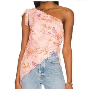 Revolve Amanda Uprichard Women's Pink & Blue Butterfly Blouse One Shoulder